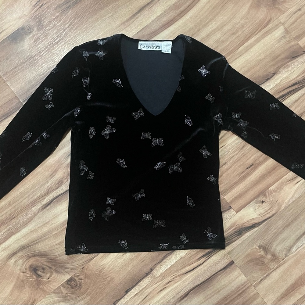 VTG Currants Black Velour Top with Glitter Butterflies Sz L